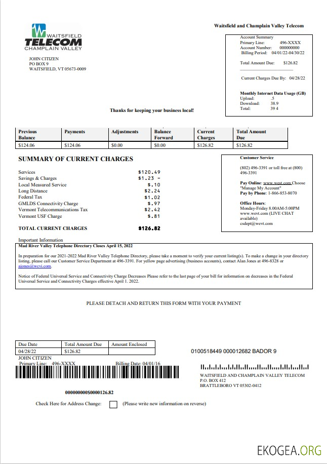 USA Waitsfield Telecom utility bill template in Word and PDF format